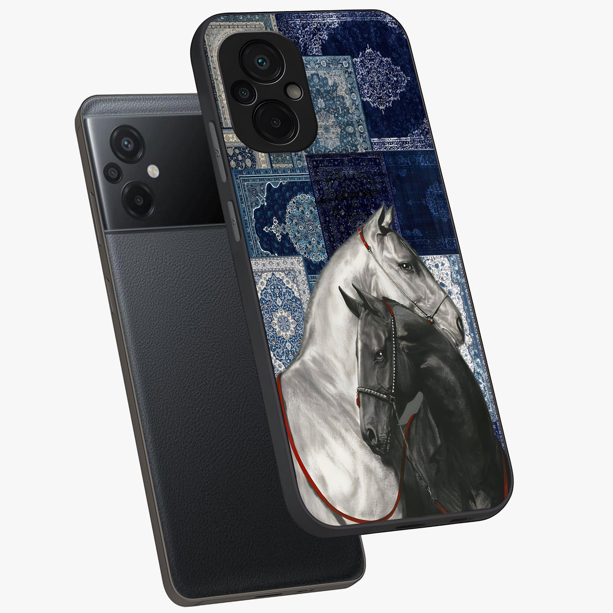 Midnight Stallion Blues Glass Case displayed in angled mockup highlighting powerful stallion illustration with deep midnight tones.