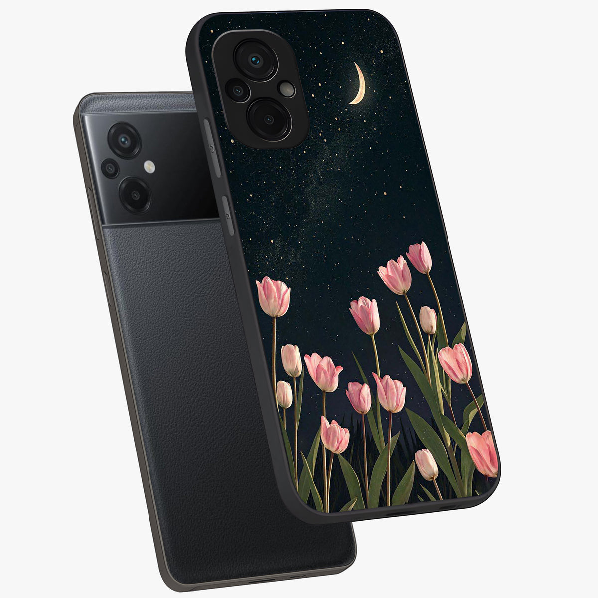Midnight Tulip Whispers Vibe Glass Case displayed in angled mockup highlighting delicate tulip design with midnight floral aesthetic.