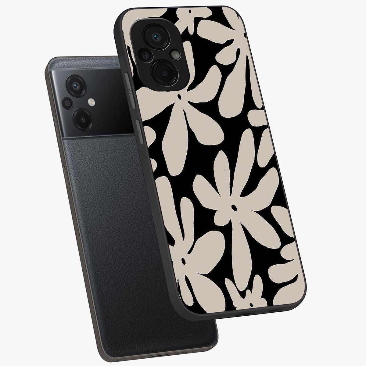 Monochrome Petal Dance Glass Case displayed in angled mockup highlighting elegant petal design with black and white aesthetic.