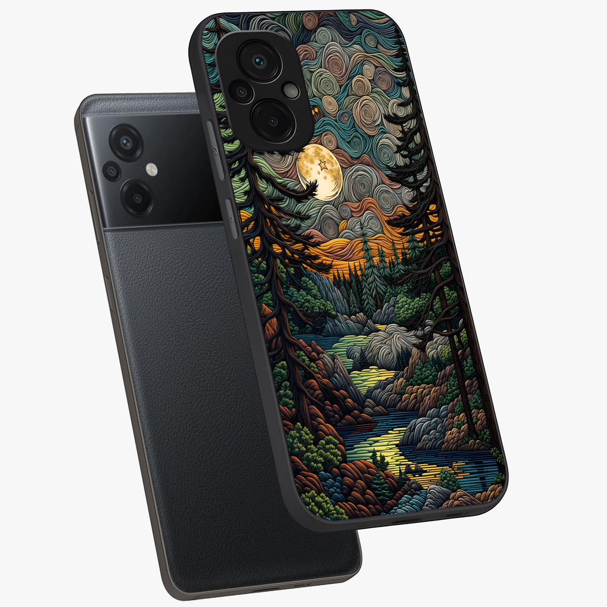 Moonlight Forest Dream Glass Case displayed in angled mockup highlighting dreamy forest design with glowing moon aesthetic.