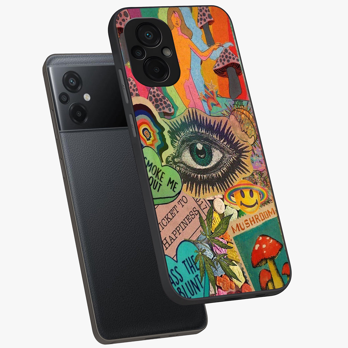 Mystic Eye Wonderland Glass Case displayed in angled mockup highlighting magical eye illustration with dreamy aesthetic.