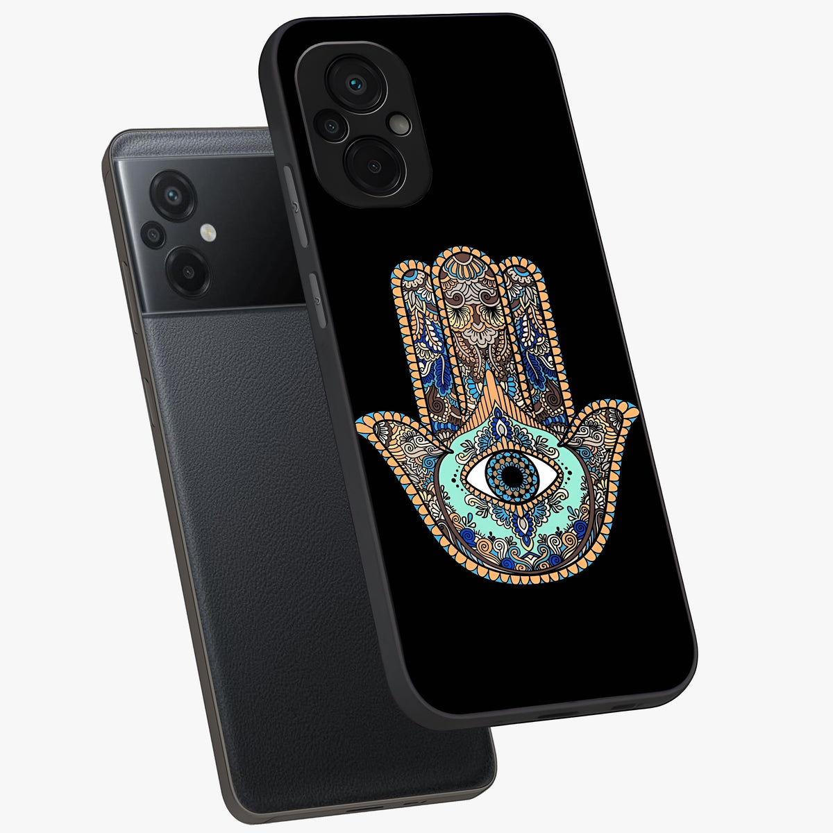 Mystic Hamsa Eye Glass Case displayed in angled mockup highlighting spiritual hamsa symbol with mystical aesthetic style.