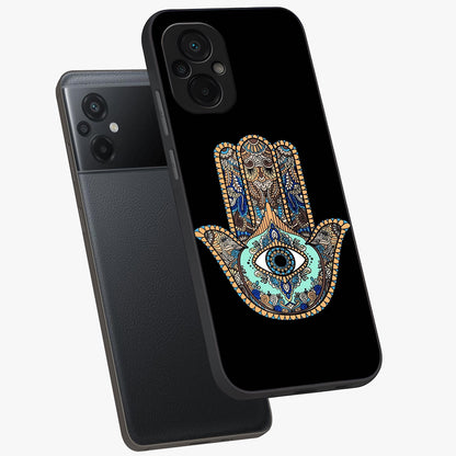 Mystic Hamsa Eye Glass Case displayed in angled mockup highlighting spiritual hamsa symbol with mystical aesthetic style.