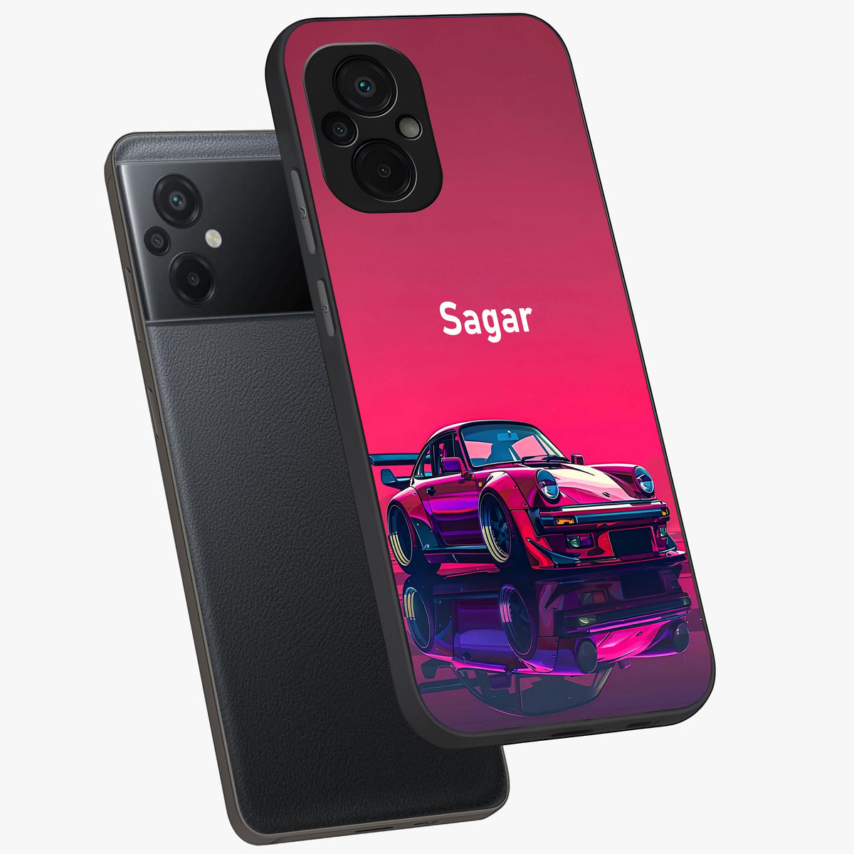 Neon Pink Porsche Glass Case displayed in angled mockup highlighting sleek neon pink car design with racing aesthetic.