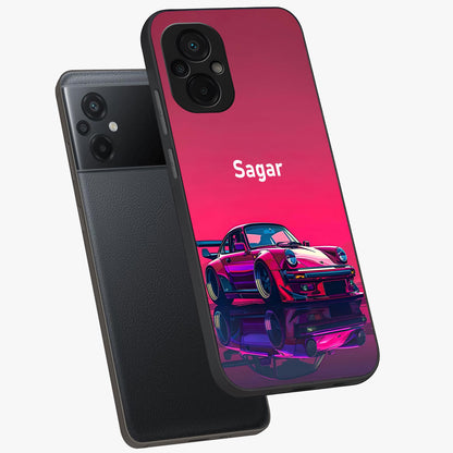 Neon Pink Porsche Glass Case displayed in angled mockup highlighting sleek neon pink car design with racing aesthetic.