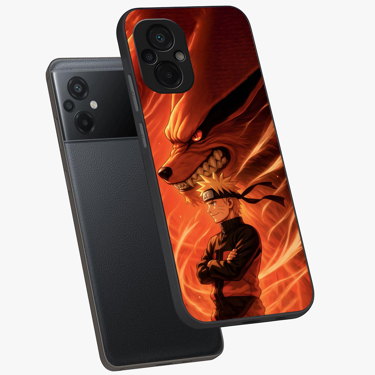 Nine Tails Legacy Glass Case displayed in angled mockup highlighting dynamic anime beast illustration with bold mystical aesthetic.