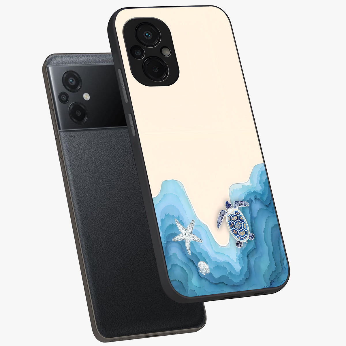 Ocean Drift Turtle Glass Case displayed in angled mockup highlighting peaceful ocean turtle illustration with marine aesthetic.