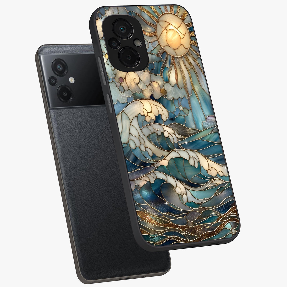Oceanic Stained Printed Glass Case displayed in angled mockup highlighting colorful aquatic design with artistic aesthetic style.