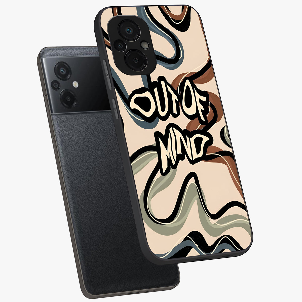 Out Of Mind Glass Case displayed in angled mockup highlighting bold statement design with modern artistic aesthetic.