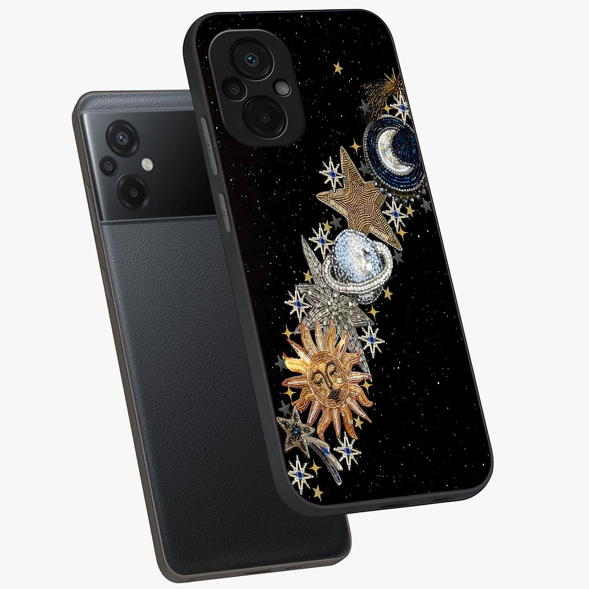 Pearls Universe Object Glass Case displayed in angled mockup highlighting celestial pearl design with dreamy aesthetic.