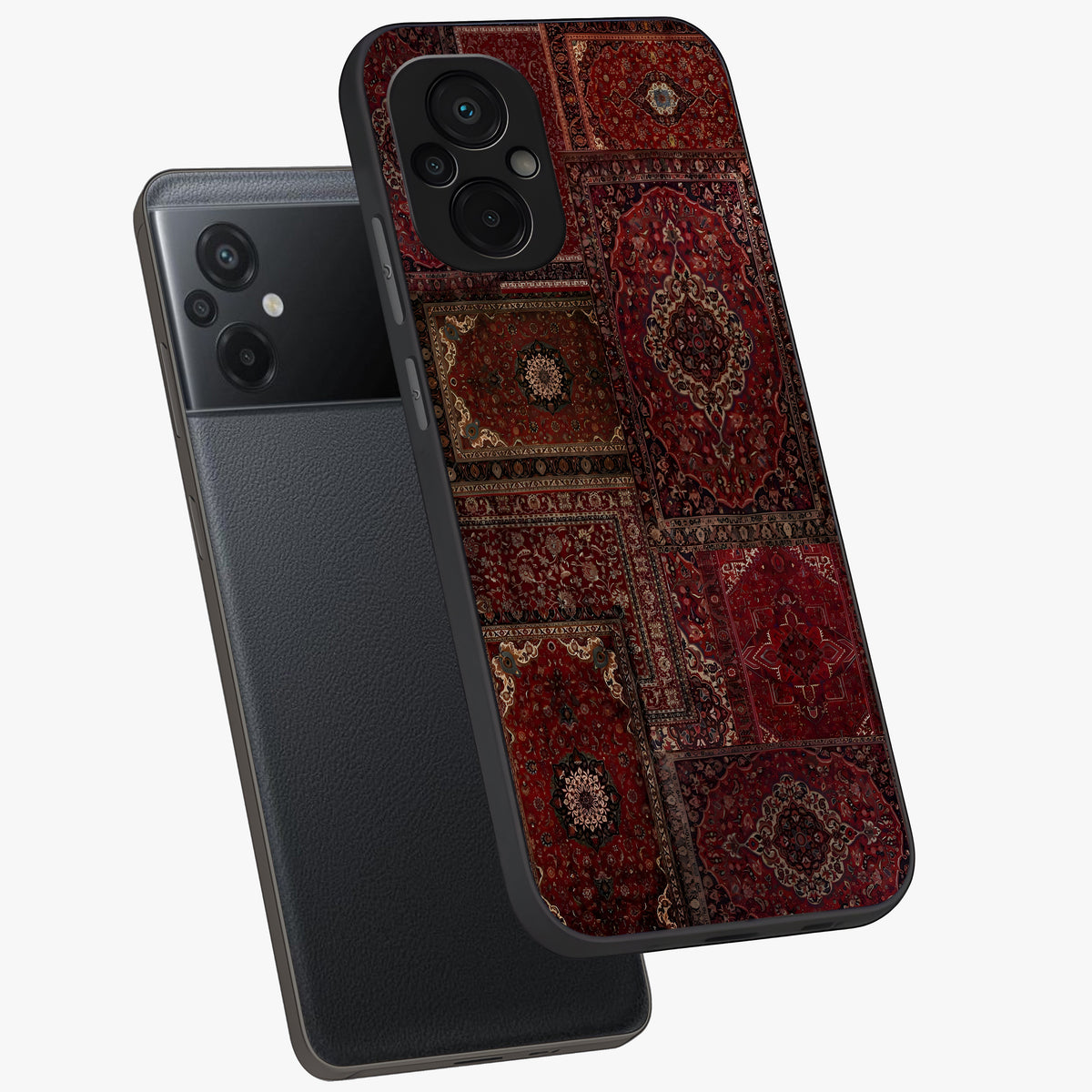 Persian Velvet Tale Glass Case displayed in angled mockup highlighting ornate textile inspired design with royal aesthetic.