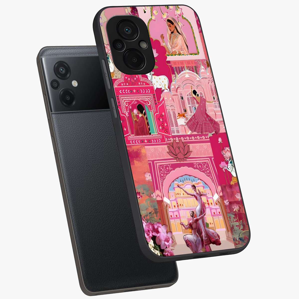 Pink Palace Muse Glass Case displayed in angled mockup highlighting dreamy palace illustration with soft pink aesthetic.