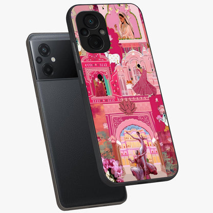 Pink Palace Muse Glass Case displayed in angled mockup highlighting dreamy palace illustration with soft pink aesthetic.