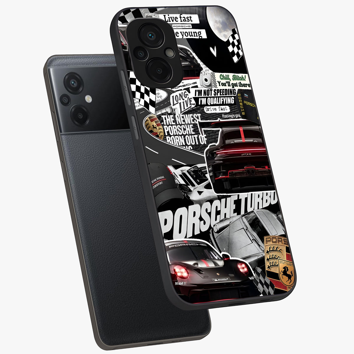 Porsche Racing Collage Glass Case displayed in angled mockup highlighting dynamic automotive design with bold racing aesthetic.