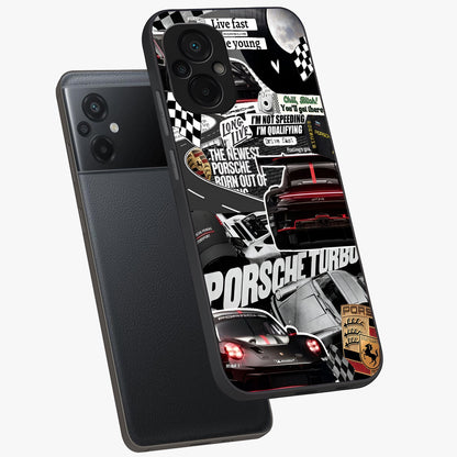 Porsche Racing Collage Glass Case displayed in angled mockup highlighting dynamic automotive design with bold racing aesthetic.