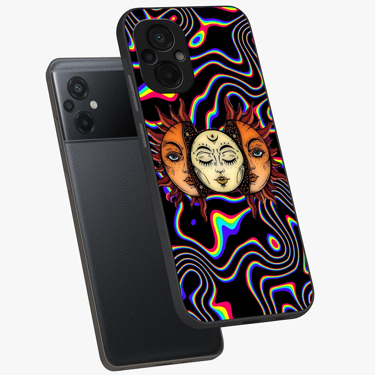 Psychedelic Sun Glass Case displayed in angled mockup highlighting vibrant abstract sun design with artistic aesthetic style.