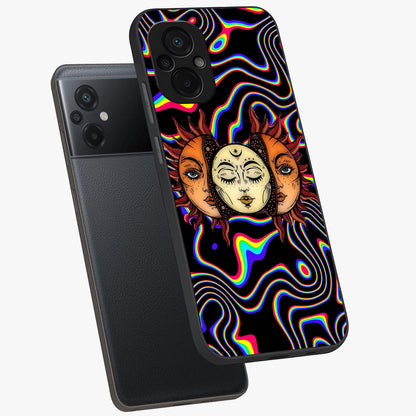 Psychedelic Sun Glass Case displayed in angled mockup highlighting vibrant abstract sun design with artistic aesthetic style.