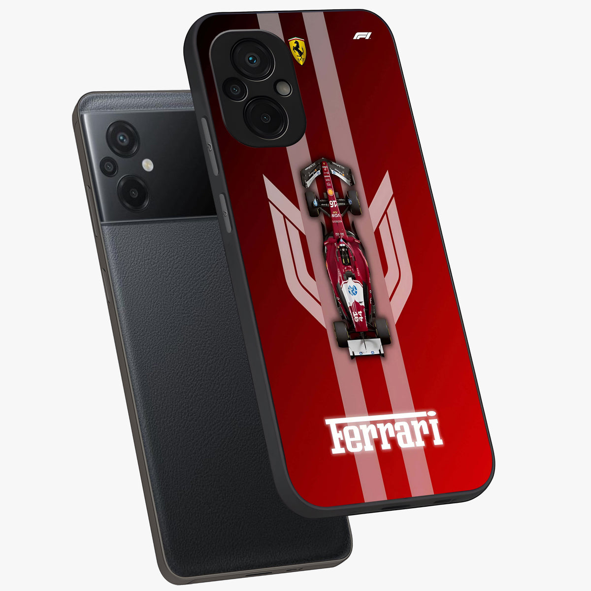 Red Ferrari F1 Vertical Glass Case displayed in angled mockup highlighting high speed racing design with bold automotive aesthetic.