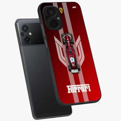 Red Ferrari F1 Vertical Glass Case displayed in angled mockup highlighting high speed racing design with bold automotive aesthetic.