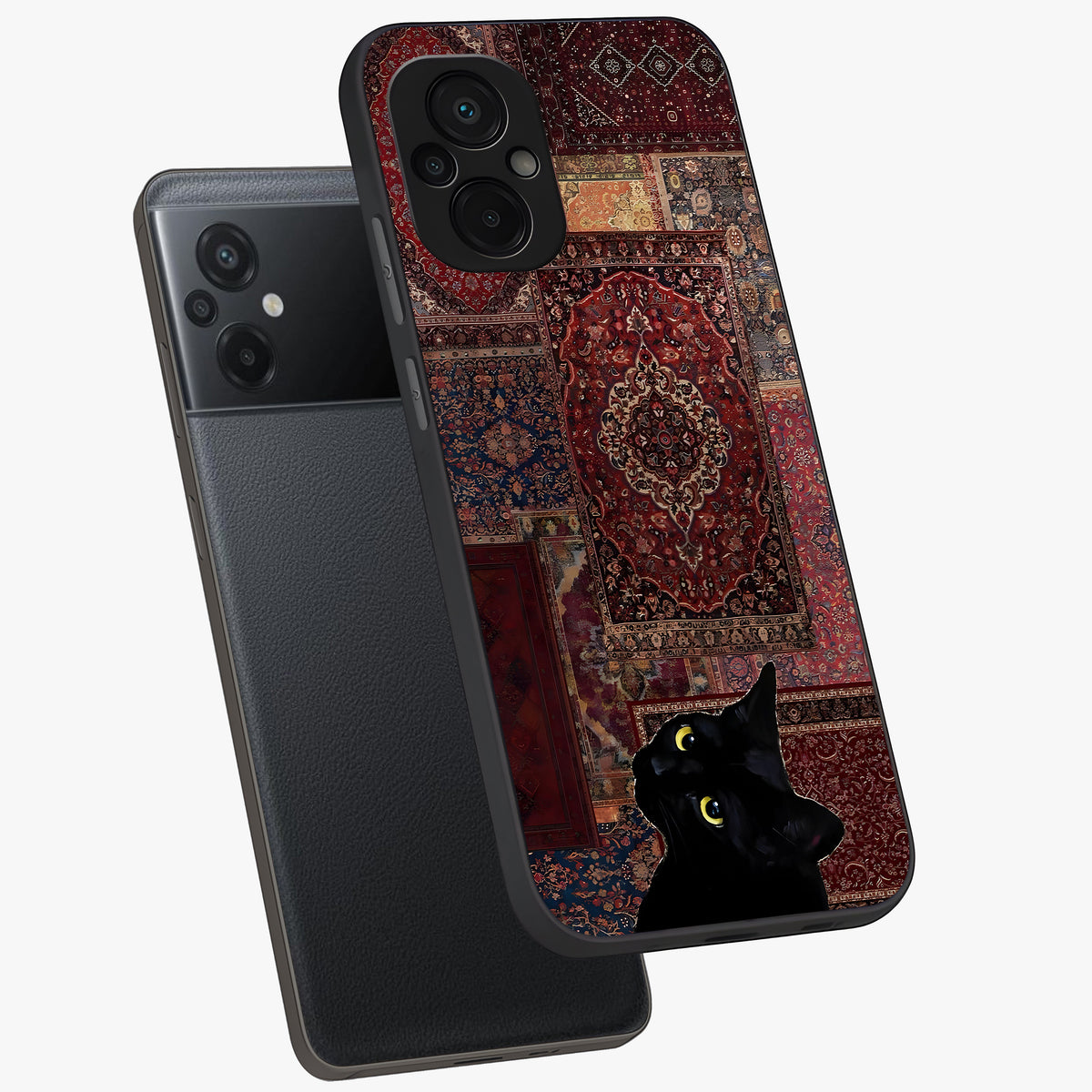 Regal Magic Cat Apple Glass Case displayed in angled mockup highlighting whimsical feline design with fantasy aesthetic.