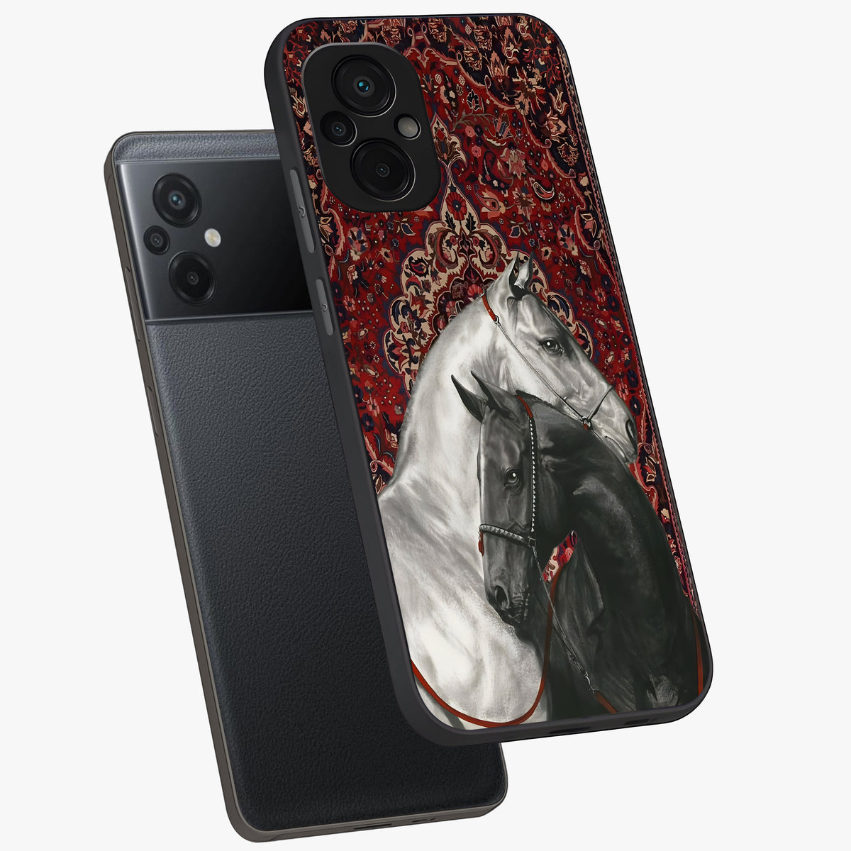 Regal Stallion Tapestry Glass Case displayed in angled mockup highlighting royal stallion design with decorative heritage aesthetic.