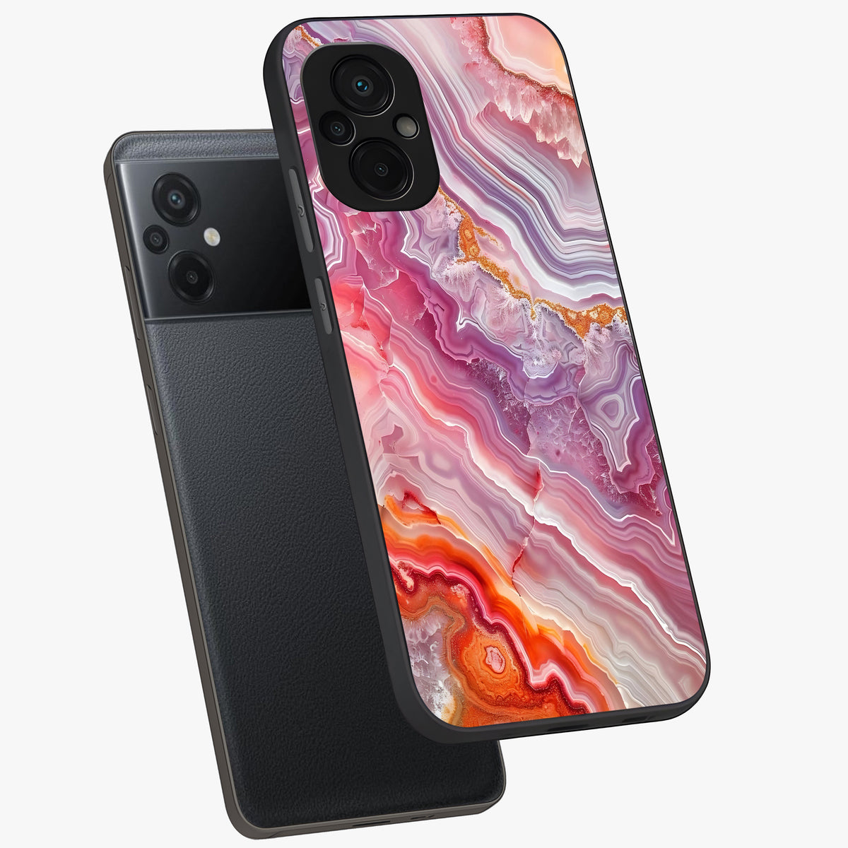 Rose Quartz Marble Glass Case displayed in angled mockup highlighting elegant marble pattern with soft aesthetic style.