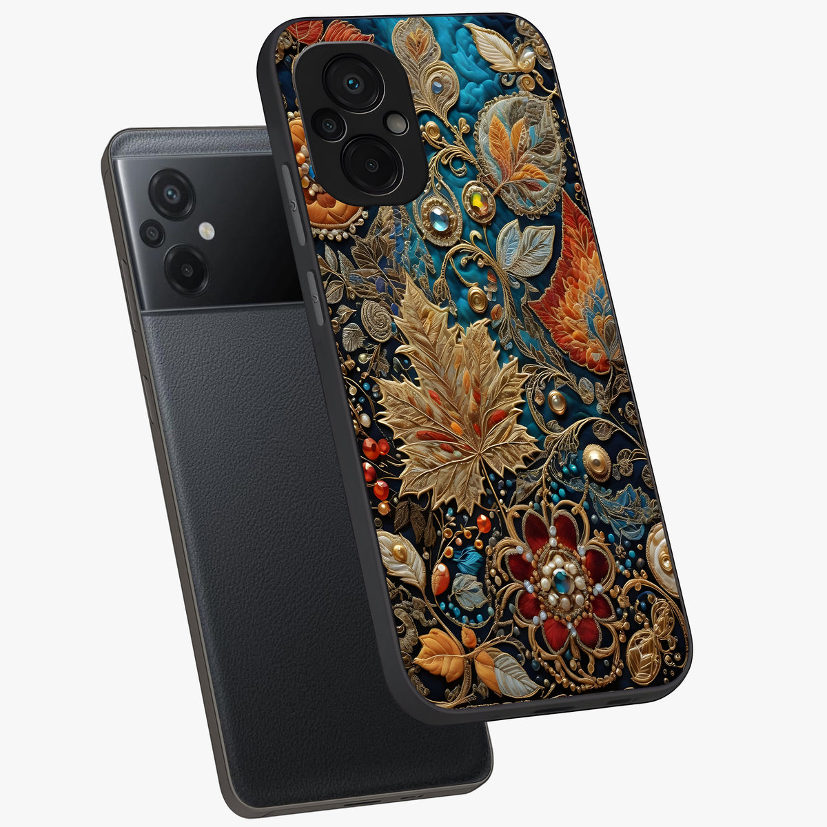 Royal Jewel Garden Glass Case displayed in angled mockup highlighting vibrant jewel inspired floral design with elegant aesthetic.