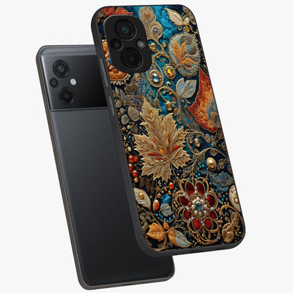 Royal Jewel Garden Glass Case displayed in angled mockup highlighting vibrant jewel inspired floral design with elegant aesthetic.