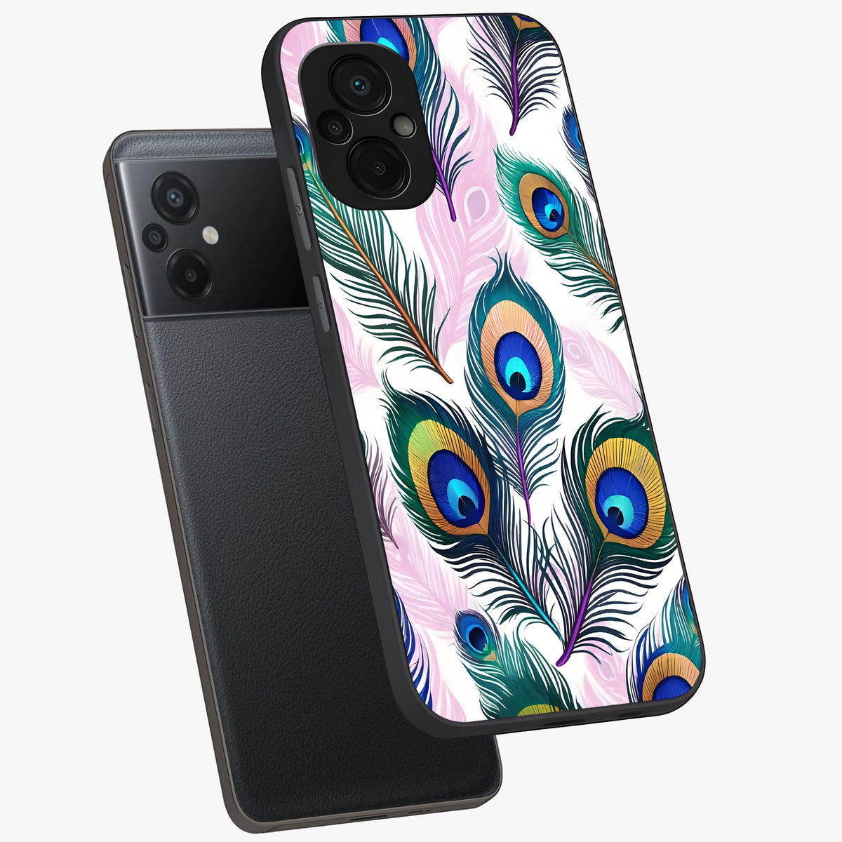 Royal Peacock Feathers Glass Case displayed in angled mockup highlighting vibrant feather pattern with regal aesthetic style.