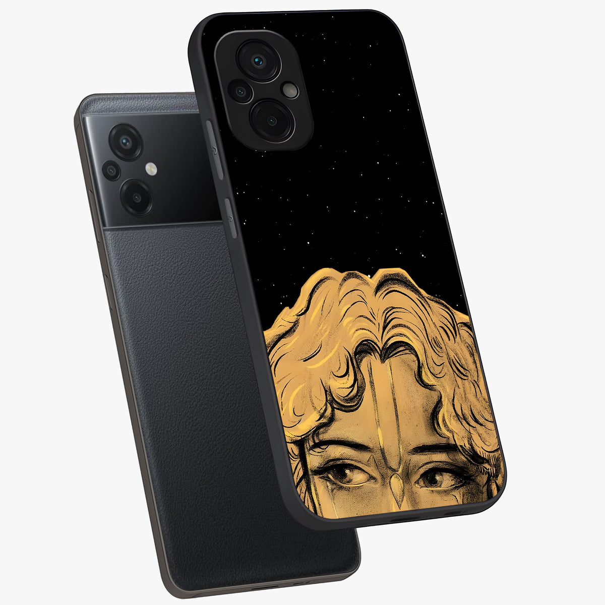 Shri Krishna Art Glass Case displayed in angled mockup highlighting spiritual Krishna illustration with divine aesthetic.