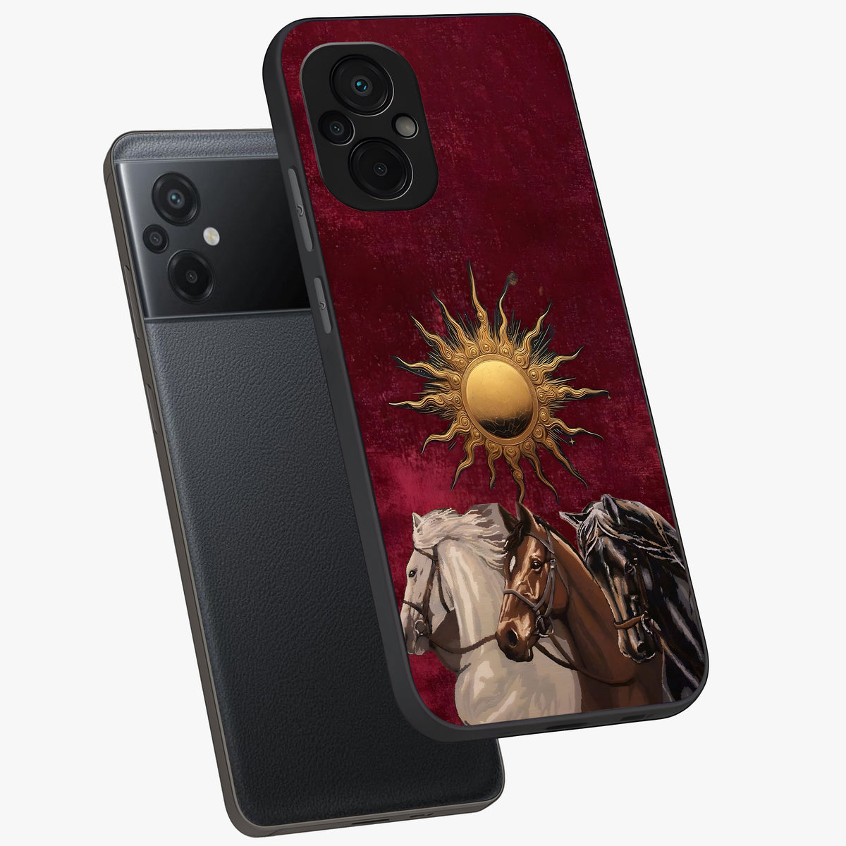 Solar Riders Glass Case displayed in angled mockup highlighting powerful rider illustration with radiant solar aesthetic.