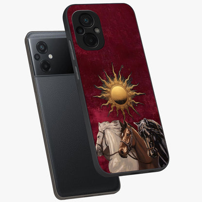 Solar Riders Glass Case displayed in angled mockup highlighting powerful rider illustration with radiant solar aesthetic.
