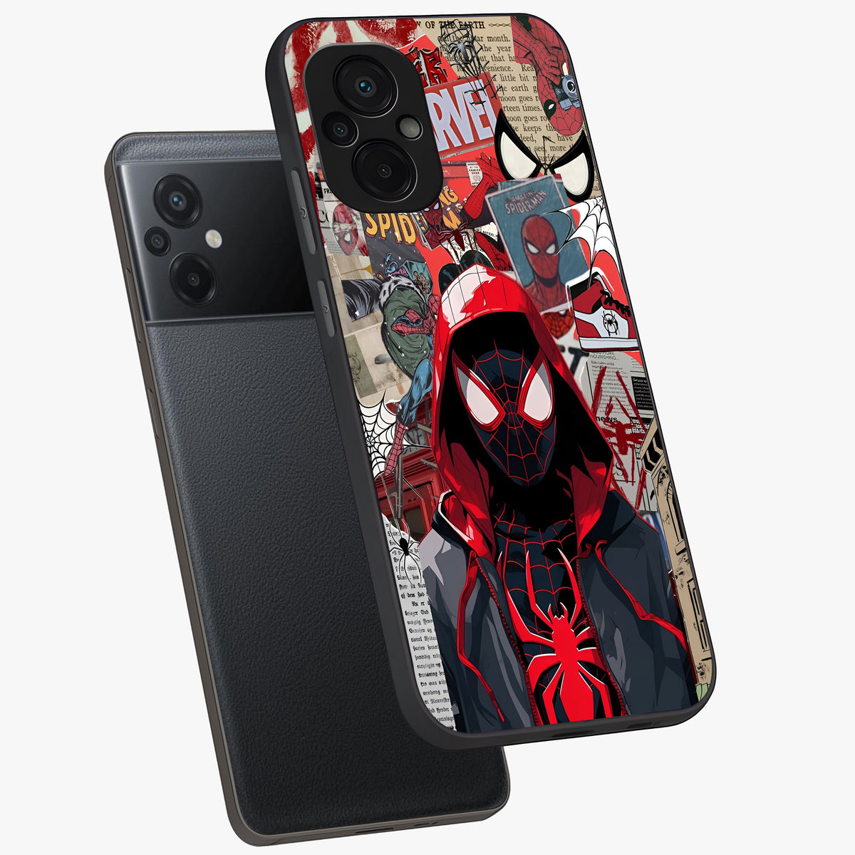 Spider Collage Street Glass Case displayed in angled mockup highlighting dynamic street style collage design with comic aesthetic.