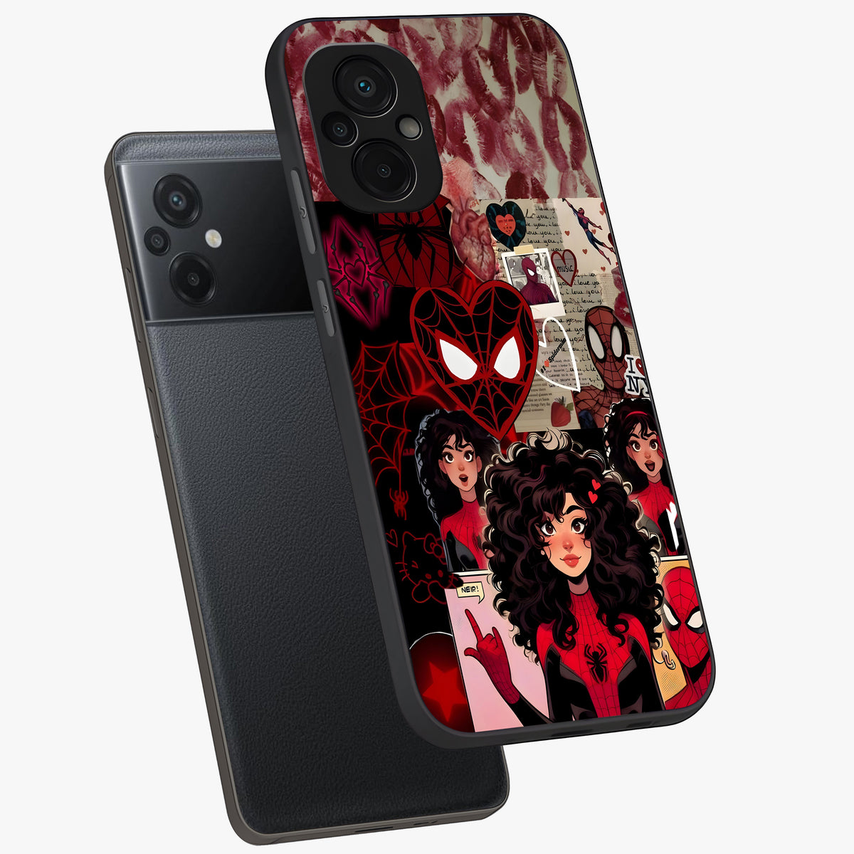 Spider Love Story Glass Case displayed in angled mockup highlighting expressive comic inspired design with playful aesthetic.