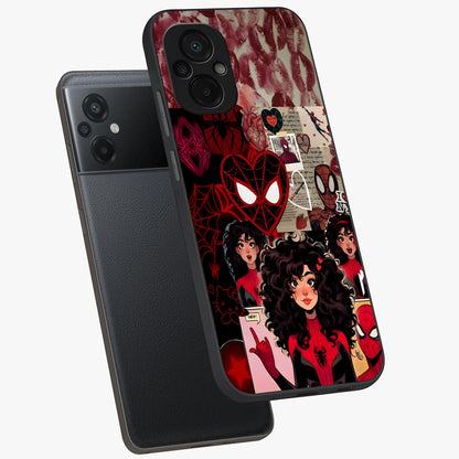 Spider Love Story Glass Case displayed in angled mockup highlighting expressive comic inspired design with playful aesthetic.