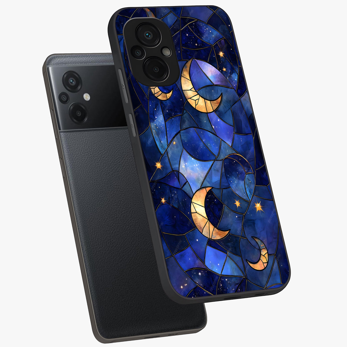 Starlit Sky Tapestry Glass Case displayed in angled mockup highlighting celestial night pattern with artistic aesthetic style.