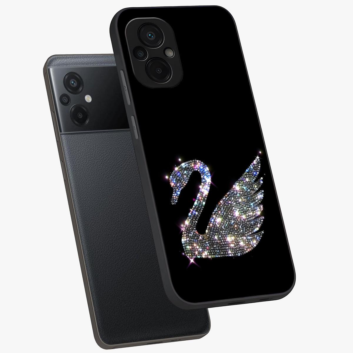 Starlit Swan Grace Glass Case displayed in angled mockup highlighting elegant swan illustration with dreamy celestial aesthetic.