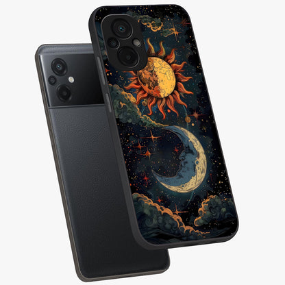 Sun And Moon Magic Design Glass Case displayed in angled mockup highlighting celestial design with magical cosmic aesthetic.