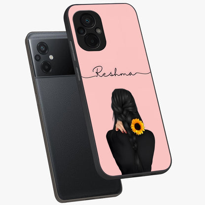 Sunflower Braid Beauty With Custom Name Glass Case displayed in angled mockup highlighting elegant sunflower design with custom name feature.