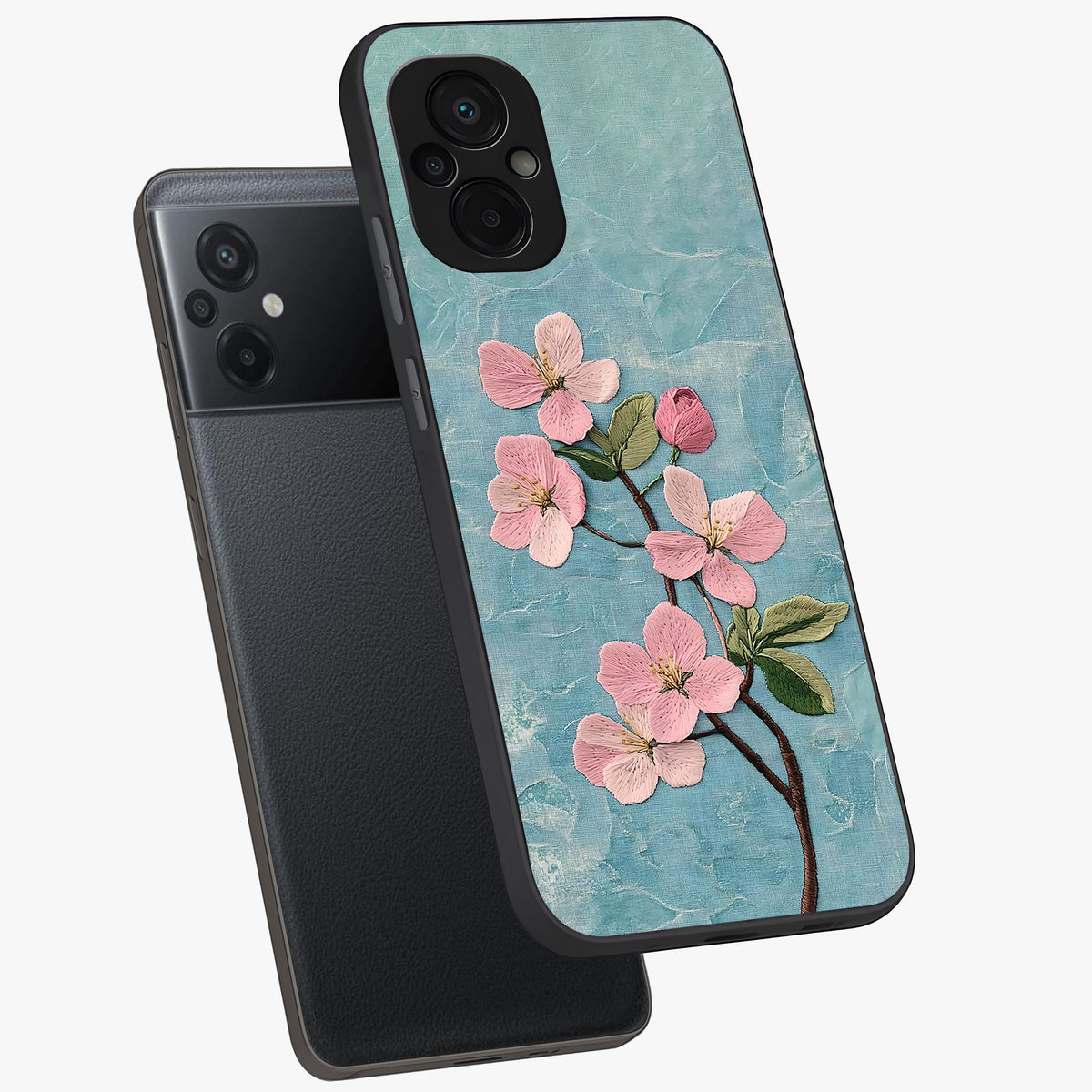 Threaded Blossom Breeze Glass Case displayed in angled mockup highlighting elegant floral design with soft aesthetic style.