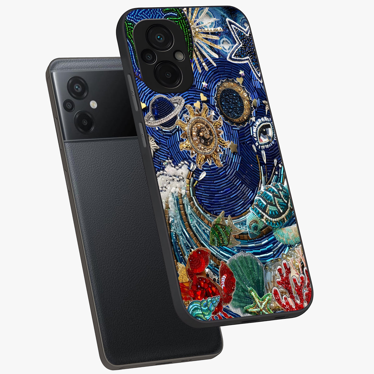 Universe Underwater Spark Glass Case displayed in angled mockup highlighting glowing aquatic design with celestial aesthetic.