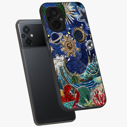 Universe Underwater Spark Glass Case displayed in angled mockup highlighting glowing aquatic design with celestial aesthetic.