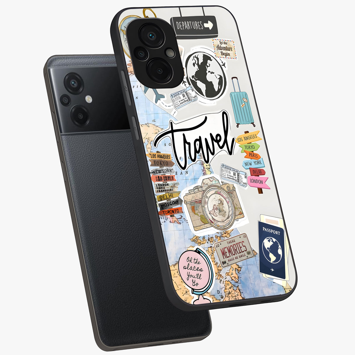 Wanderlust Journal Glass Case displayed in angled mockup highlighting adventure themed design with aesthetic travel vibe.