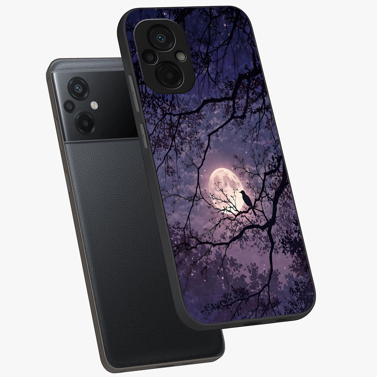 Whispering Moon Silence Glass Case displayed in angled mockup highlighting calm lunar design with dreamy night aesthetic.