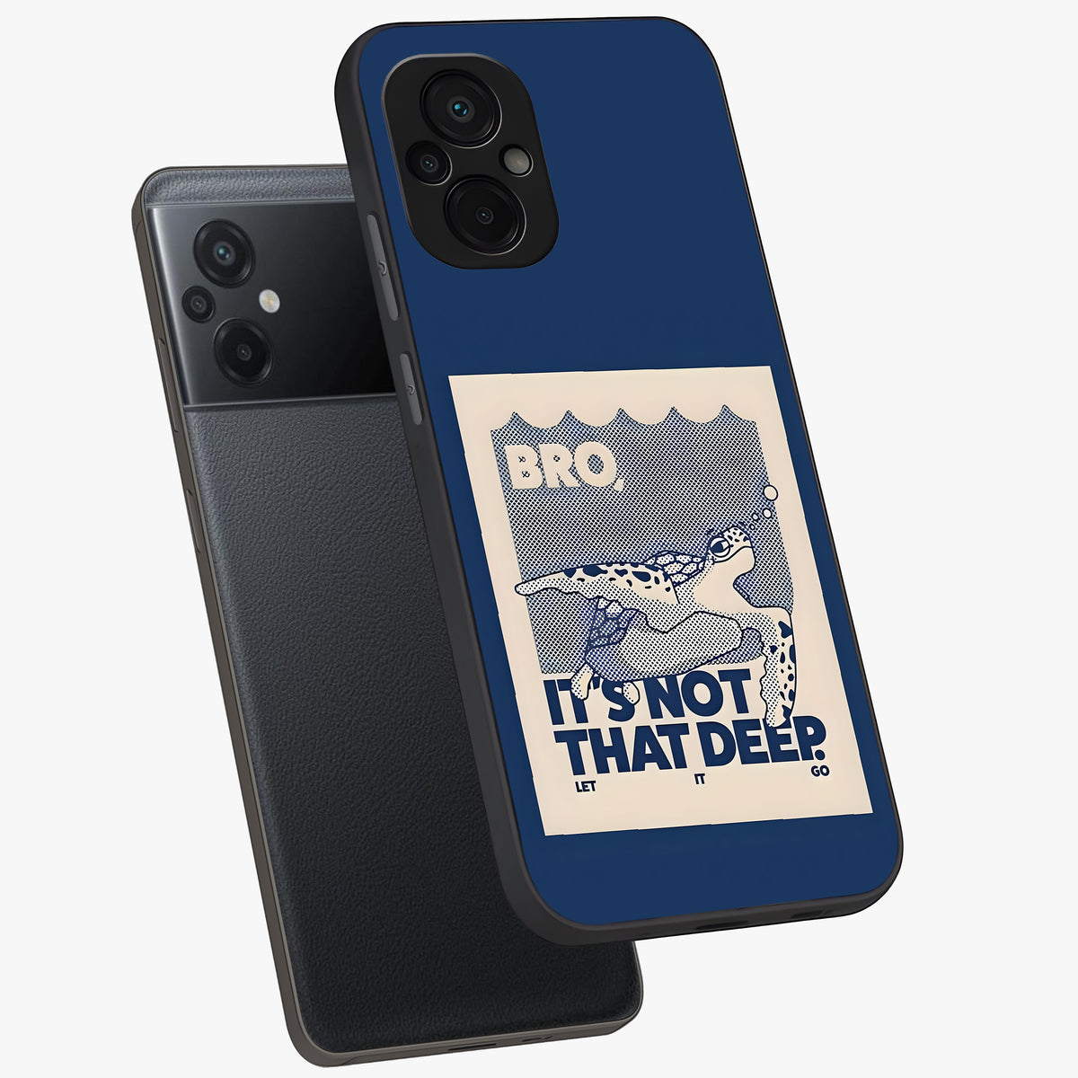 Worry Less Swim Glass Case displayed in angled mockup highlighting fun typography design with relaxed aesthetic style.