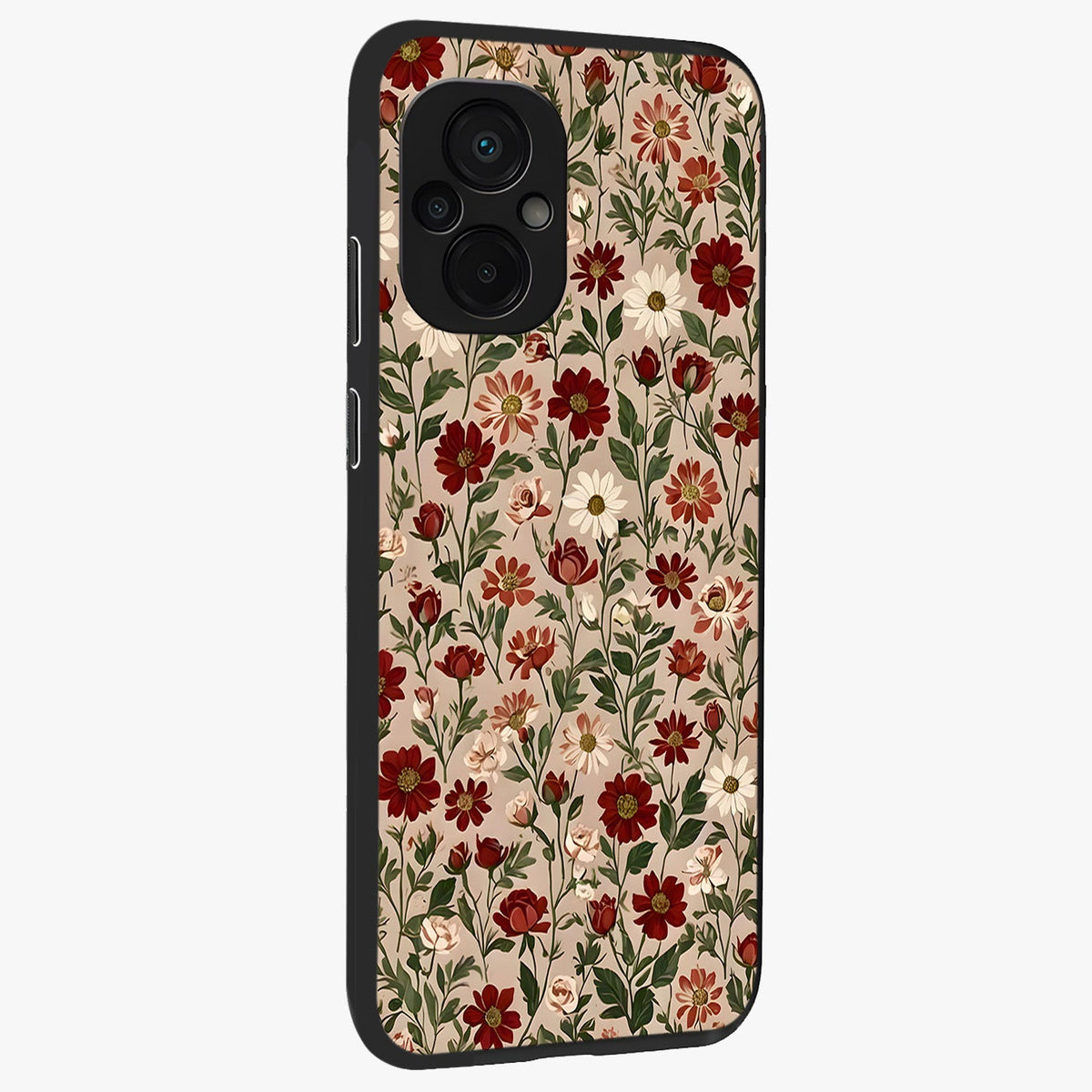 Biege Flower With Leaf Glass Case upright view showcasing delicate beige flower illustration with clean botanical style.