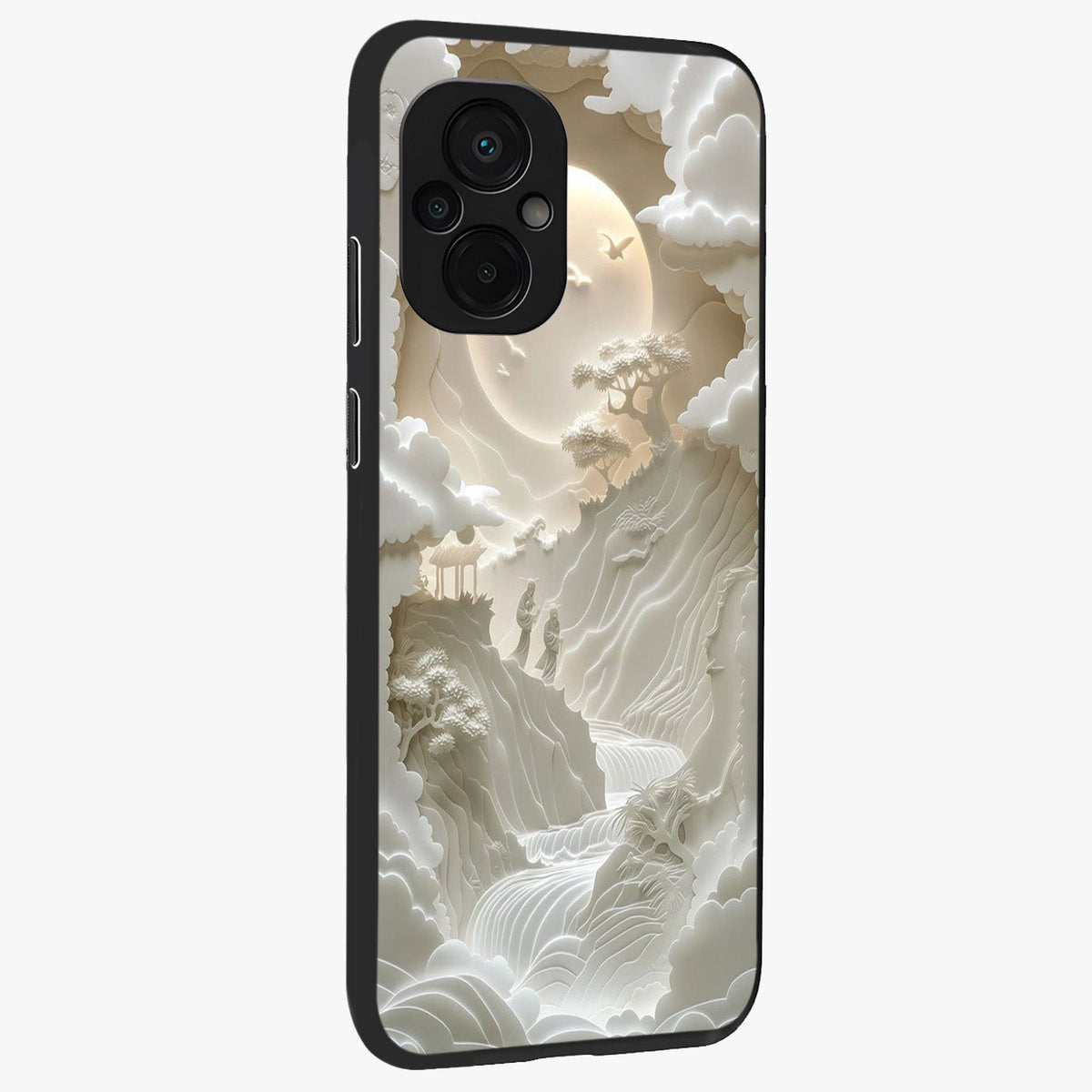 Celestial Origami Glass Case upright view showcasing creative origami artwork with modern celestial style.