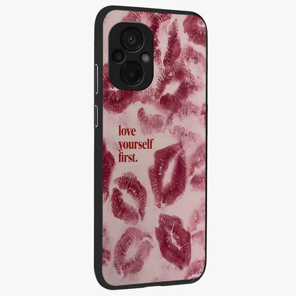 Crimson Kiss Love Glass Case upright view showcasing expressive romantic artwork with deep crimson theme.
