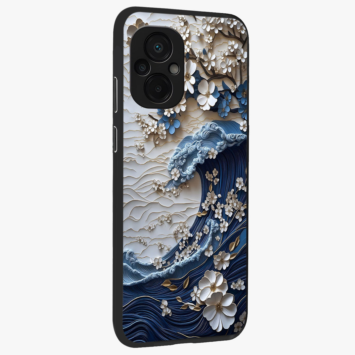 Floral Wave Origami Glass Case upright view showcasing creative floral origami artwork with artistic decorative theme.