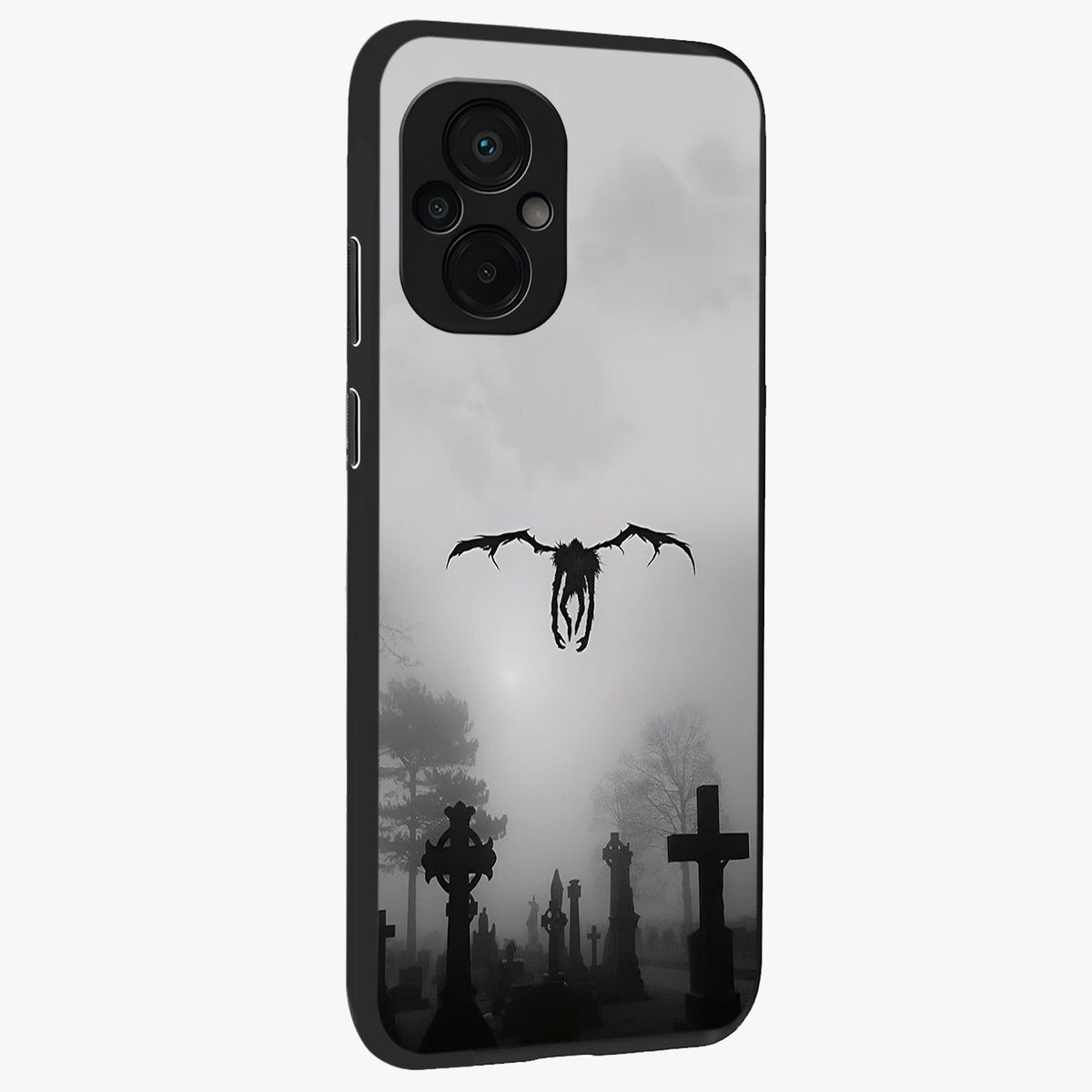 Graveyard Shadow Descent Glass Case upright view showcasing haunting graveyard artwork with dramatic dark theme.